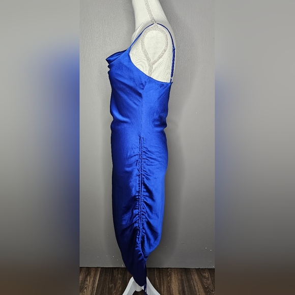 LULU'S Blue Cowl Neck Ruched Mini to Midi Satin Spaghetti Strap Dress. Small - Picture 7 of 11